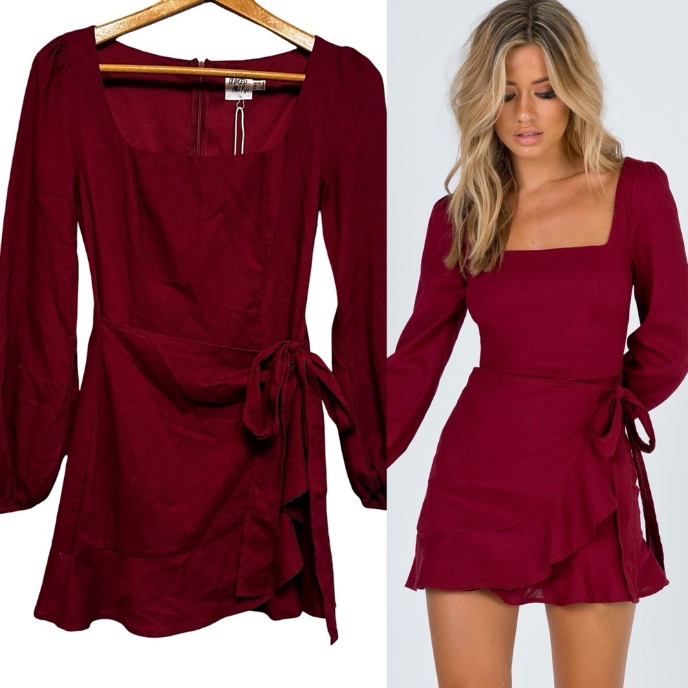 NEW Princess Polly Red Burgundy Linen Blend Long Sleeve Villa Mini Dress Size 4